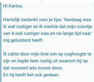 Een screenshot van een mailtje van een moeder die met de drie simpele stappen van frustratie naar kalmte rustig kon blijven tegen haar zoontje van vier en ontdekte dat hij dan ook naar haar luisterde.